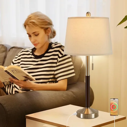 Miniatura 6 de Juego de 2 lámparas de noche plateadas de 28 pulgadas para dormitorio, lámpara de mesa moderna con puerto de carga USB para mesa auxiliar de sala