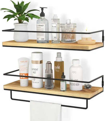 Miniatura 7 de ZGO Juego de 2 estantes flotantes para pared, estantes de almacenamiento montados en la pared con marco de metal negro y toallero para baño, Blanco