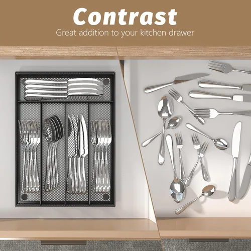 Miniatura 3 de Sedegn Organizador de cubiertos de malla de metal, organizador de cajones pequeños, bandeja de cubiertos para cajones de cocina, organizador de Negro