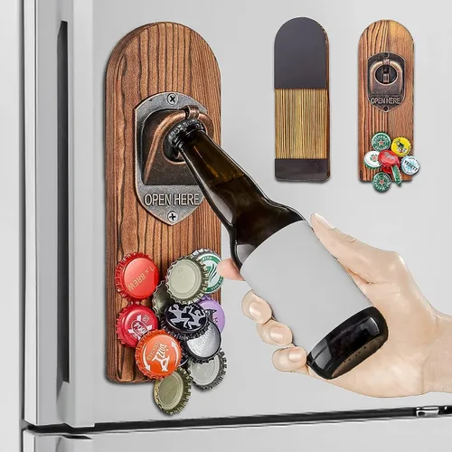 Miniatura 2 de Abrebotellas de cerveza montado en la pared con atrapador de tapas magnético, abrebotellas magnético de madera para refrigerador, regalos de cerveza