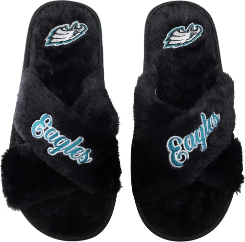 Miniatura 28 de FOCO Pantuflas deslizantes cruzadas mullidas con logotipo de texto del equipo NFL para mujeres