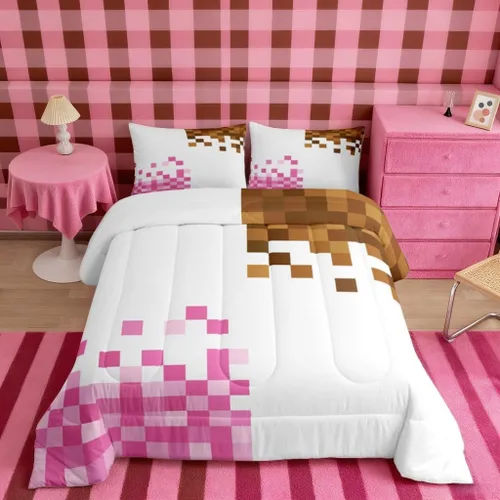 Miniatura 54 de Pixelated Miners - Juego de edredón para niños, tamaño individual, juego de ropa de cama de videojuegos a cuadros geométricos para adolescentes