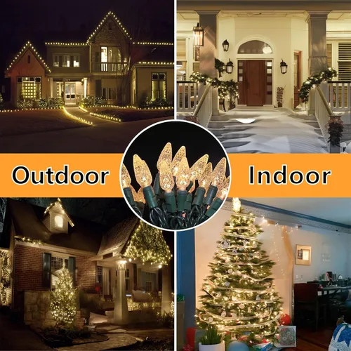 Miniatura 6 de 70 luces de Navidad C6 de color blanco cálido, 35.5 pies, para exteriores, impermeables, cable verde, IP65, certificación UL