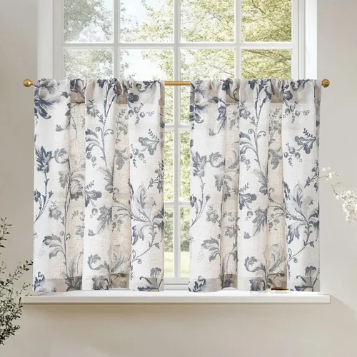 JINCHAN - 2 cortinas de lino, 24 pulgadas, estilo vintage, estampado floral, media altura, tipo café, bolsillo para cortinero, para ventanas