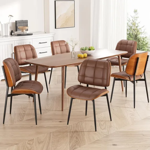 Miniatura 25 de Silla de comedor, moderna de mediados de siglo con cojín grueso, sillas de cocina tapizadas de piel sintética con respaldo de madera curvada de Beige