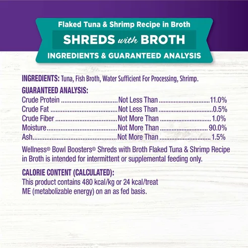 Miniatura 6 de Wellness Bowl Boosters Shreds with Caldo Wet Cat Food Topper, sin granos, natural, receta de atún en hojuelas y camarones, 1.75 onzas, paquete de 12