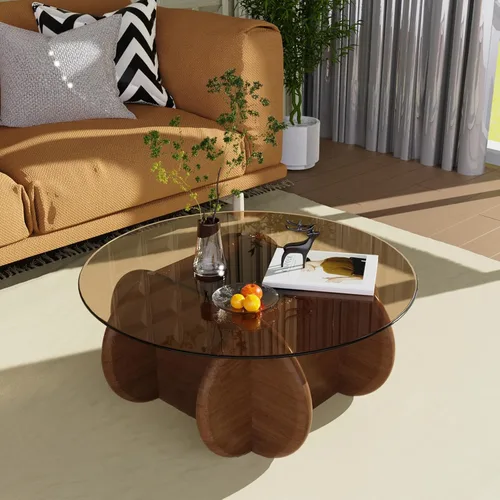 Miniatura 6 de Mesa de Centro con Tapa de Vidrio Negro, Mesa de Centro Redonda Moderna y Elegante con Patas de Madera Maciza y Superficie de Vidrio Templado