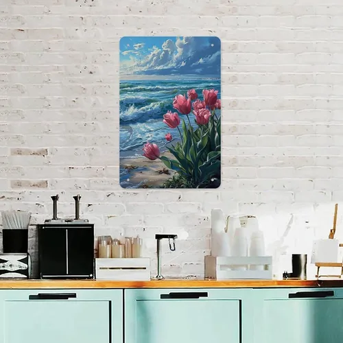 Miniatura 5 de Coastal Tulips with Ocean Waves Metal Tin Sign Wall Decor Retro Sign for Home Living Room Bedroom Coffee Wall Decor Halloween Christmas Gifts