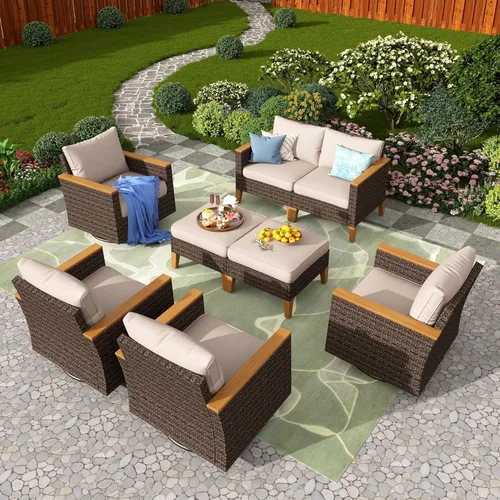 Miniatura 9 de PHI VILLA Otomana de mimbre para patio, 2 piezas, asiento otomano de mimbre para todo tipo de clima, reposapiés para exteriores con cojines