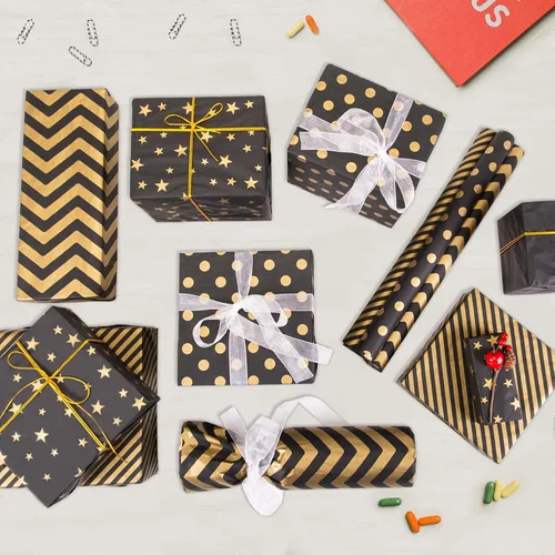 Miniatura 3 de Larcenciel 50 hojas de papel de seda negro y dorado, 5 estilos de papel de seda metálico para bolsas de regalo, papel de seda con purpurina