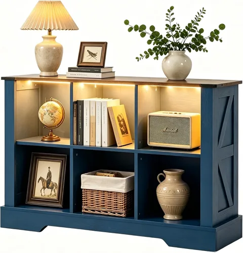Organizador de almacenamiento de 6 cubos, estante de libros de 2 niveles con luces LED, estantes de libros de granja para sala de estar, estantería