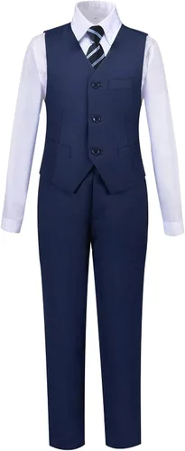 Miniatura 3 de Trajes formales Silm Fit para niño de 5 piezas con camisa y chaleco, azul marino, 5 piezas (corbata a cuadros marinos), 8, Azul marino 5 piezas