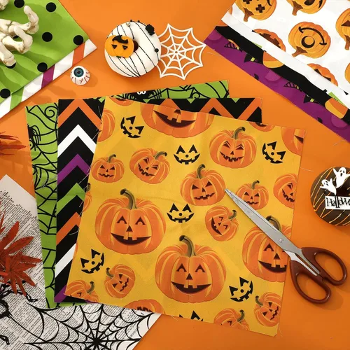 Miniatura 4 de Whaline 12 paquetes de tela de algodón de Halloween de 10 x 10 pulgadas, tela de monstruo de calabaza, telas de costura coloridas para decoración