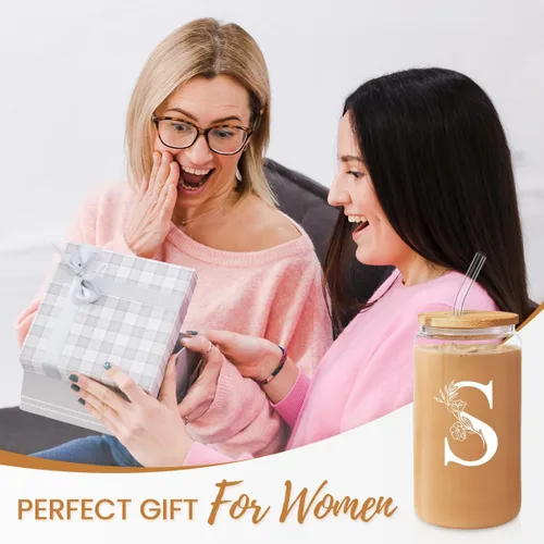 Miniatura 5 de SANDJEST Regalos con monograma para mujer, taza de vidrio con inicial, monograma A, taza de café de 16 onzas con tapa y pajita, iniciales