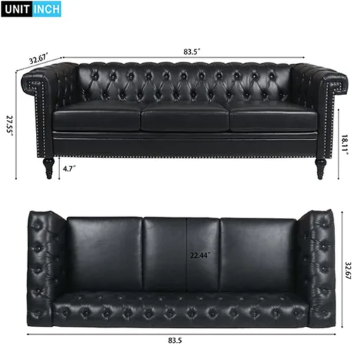 Miniatura 2 de Sofá Chesterfield moderno de 83.5 pulgadas, sofá de 3 plazas con brazo enrollado, tapizado de cabeza de clavo, sofás de piel sintética para sala