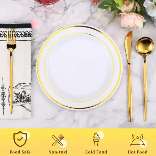 Miniatura 3 de Sieral 200 platos desechables de plástico para fiestas con borde de plástico duro, aperitivo, ensalada, postre de 7.5 pulgadas, elegante vajilla