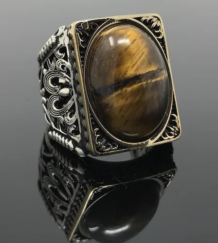 Miniatura 2 de KAR Anillo grande de plata de ley 925K con sello de ojo de tigre I1P