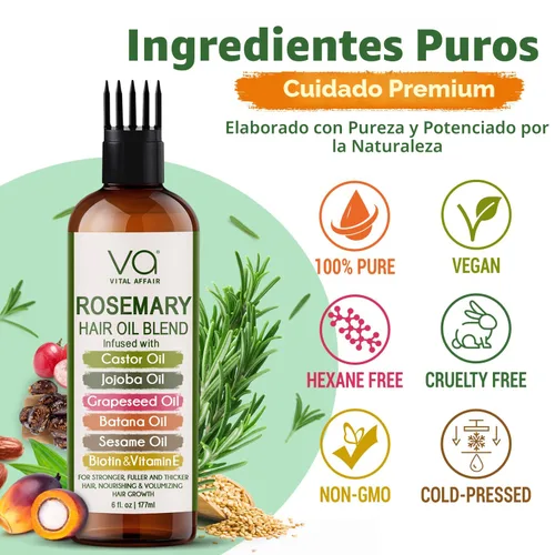 Miniatura 8 de VITAL AFFAIR Mezcla de aceite de romero puro para el crecimiento del cabello con ricino, batana, aceite de jojoba infundido con biotina y vitamina