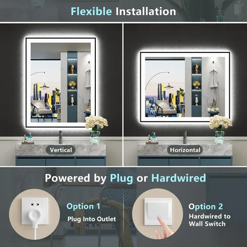 Miniatura 7 de 24x30 Espejo de baño LED con marco negro con luces, retroiluminado + iluminación frontal, espejo de tocador iluminado antivaho para pared de baño