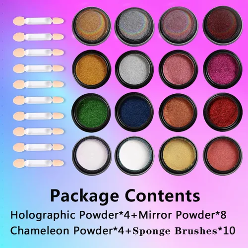 Miniatura 7 de Juego de polvos de uñas cromados de 16 colores, efecto espejo metálico holográfico Aurora Chameleon, pigmento con purpurina para esmalte de gel