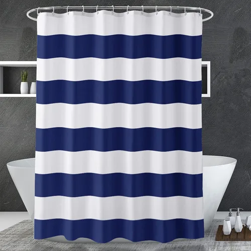 AmazerBath - Cortina de ducha azul marino con rayas, 72" x 72" de azul y blanco, cortinas de ducha de tela para baño con 2 piedras pesadas,