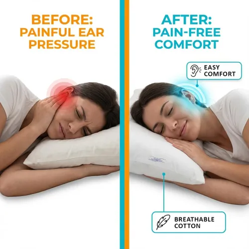Miniatura 3 de SleepEasy - Almohada CNH de algodón cómoda con orificio para las orejas para dormir de lado, alivio de presión y dolor, ergonómica, transpirable e