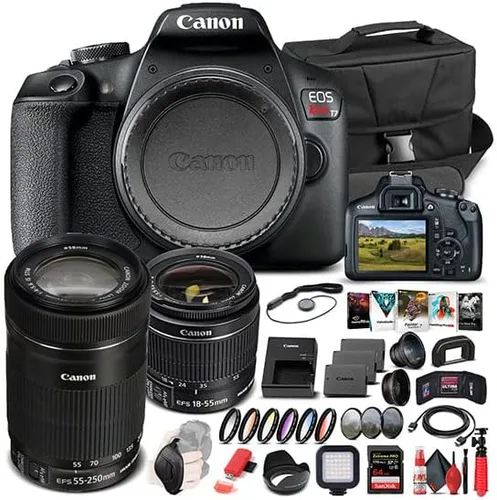 Canon Cámara DSLR EOS Rebel T7 con lente de 0.709-2.165 in (2727C002), lente EF-S 2.165-9.843 in, tarjeta de memoria de 64GB, funda, software de