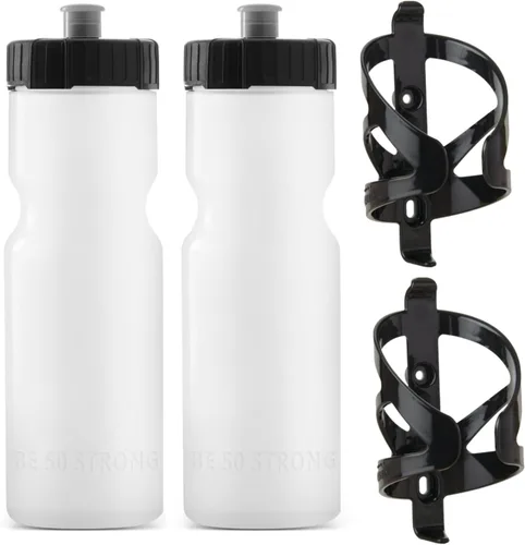 Bike Water Bottle Holder & Bottle Combo – 2-Pack 22 oz Sports Squeeze Bottles with Pull Top Cap & Easy-Install Bike Cage – Made in USA – 50 Strong
