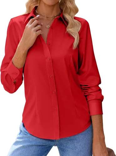 Miniatura 9 de siliteelon Camisas con botones para mujer, con protección contra manchas, de manga larga, sin arrugas, blusas de oficina