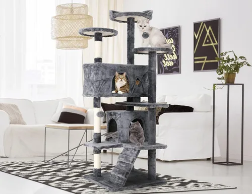 Miniatura 11 de Árbol para gatos de varios niveles de 54 pulgadas de alto, muebles con 3 postes rascadores, 3 plataformas de soporte, 2 condominios, torre con Gris