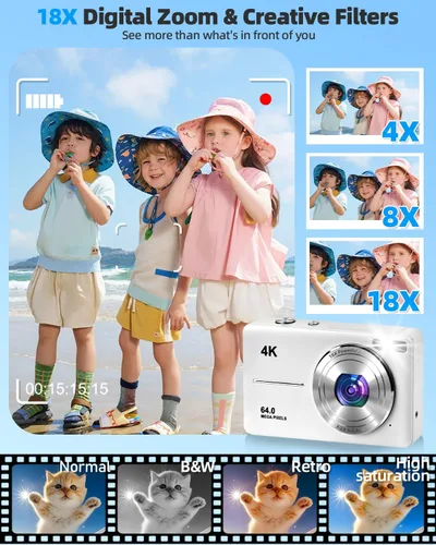 Miniatura 3 de Cámara digital 4K para fotografía, enfoque automático de 64 MP, tarjeta TF de 32 GB, pantalla LED de 2.8 pulgadas, zoom 18X, antivibración, cámaras