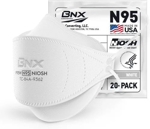 BNX Máscara N95 certificada por NIOSH fabricada en Estados Unidos, máscara facial protectora con respirador de partículas, triple taza/estilo pez,