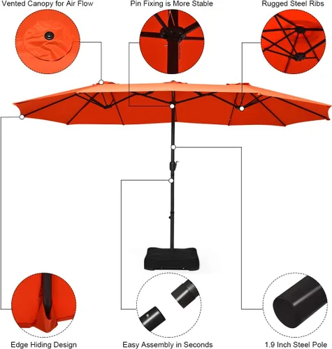Miniatura 8 de Tangkula Paraguas de doble cara para patio de 15 pies con base, sombrilla de mesa individual extragrande para exteriores con manivela Naranja