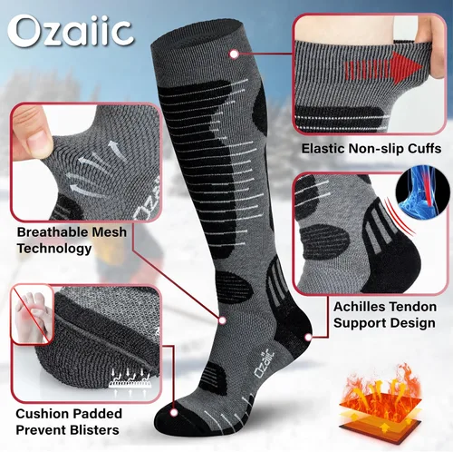 Miniatura 6 de Calcetines de esquí de lana merino para hombre y mujer, 2 pares para esquí, snowboard, térmicos hasta la rodilla, calcetines de rendimiento