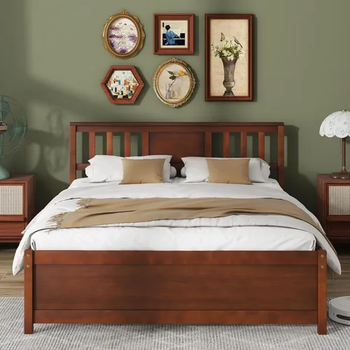 Giantex Marco de cama de plataforma de madera maciza de tamaño matrimonial, marco de cama matrimonial de mediados de siglo con cabecero, soporte de