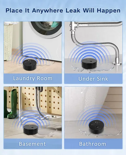 Miniatura 3 de Geevon 1 paquete de detectores de fugas de agua, sensor de agua de 100 dB, detector de inundación para sótanos, baños, lavanderías, cocinas, garajes