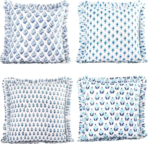 Miniatura 10 de Trade Star Juego de 4 fundas de almohada 100% algodón índigo, con volantes, súper suaves, altamente duraderas, hechas a mano, juego de 4 fundas