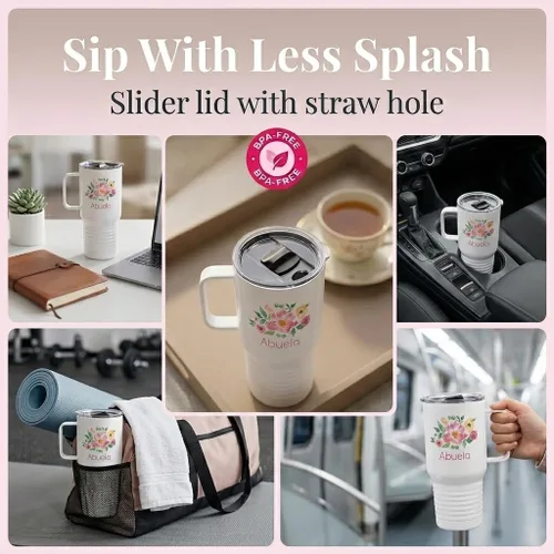 Miniatura 5 de Just So Posh Abuela Flowers Tumbler, Vaso de Café de Viaje con Asa y Tapa Deslizante, Blanco 20 oz Polar Camel, Acero Inoxidable, Aislado al Vacío