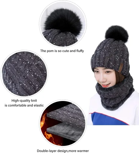 Miniatura 3 de IYEBRAO - Conjunto de gorro y bufanda de punto de invierno para mujer, lindo gorro de esquí con forro polar grueso, gorro de esquí cálido con pompón