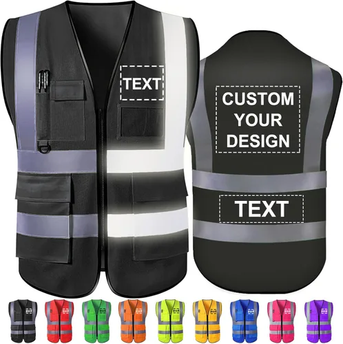 Chaleco de seguridad personalizado Chalecos reflectantes de alta visibilidad con bolsillos con cremallera, logotipo personalizado clase 2 para Negro