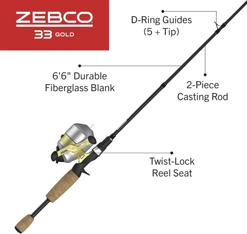 Miniatura 2 de Zebco Combo de 33 carretes Spincast y caña de pescar de 2 piezas, caña de fibra de vidrio con cómodo mango de corcho de agarre dividido, carrete