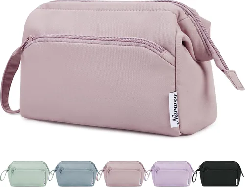 Miniatura 11 de Narwey - Bolsa grande de maquillaje con cremallera de apertura completa, organizador de cosméticos de viaje para mujeres y niñas, Azul grisáceo.