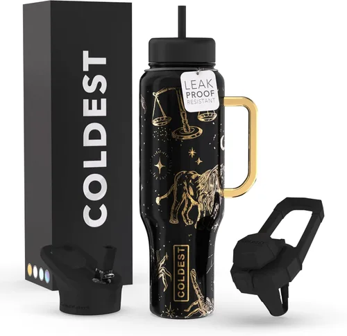 Coldest - Vaso térmico con asa y pajilla, vaso aislado 100% a prueba de fugas con tapa y popote (3 tapas), vasos de acero inoxidable para mujeres y