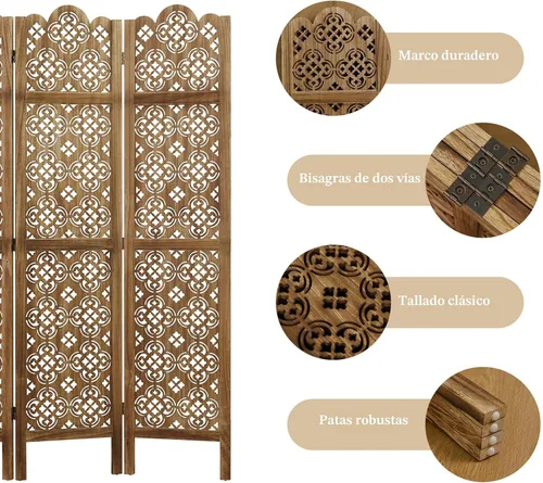 Miniatura 3 de Divisor de habitación plegable de 68.9 pulgadas, 4 paneles de pantallas de privacidad talladas en madera, partición decorativa ideal para el hogar
