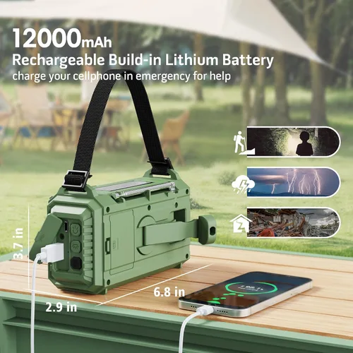 Miniatura 3 de Radio de Emergencia 12000, Radio Meteorológica NOAA con AM/FM/NOAA/SW, Radio Operada por Batería SOS, Radio de Emergencia de Manivela Manual con 5