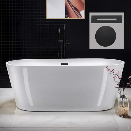 WOODBRIDGE Bañera de acrílico independiente de 67 pulgadas, bañera de remojo contemporánea, acrílico blanco (desagüe/desbordamiento negro mate), B/M