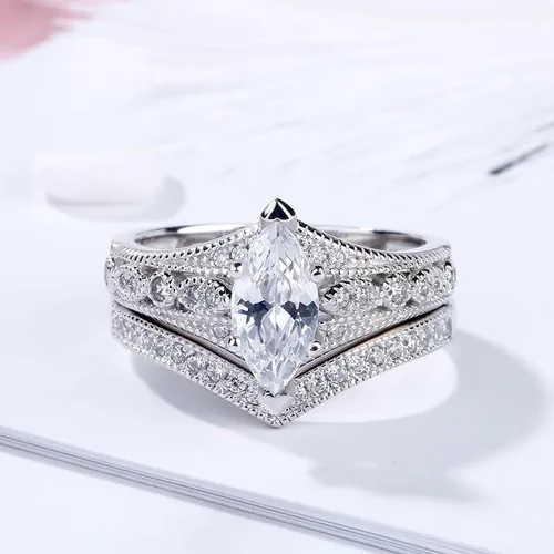 Miniatura 5 de Jeulia Juego de 2 anillos de plata de ley con corte marquesa milgrain para novia, boda, compromiso, aniversario