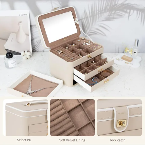 Miniatura 3 de KAMIER Caja organizadora de joyas, organizador de joyas de 4 capas con espejo, 3 cajones, caja de joyería grande para pulseras, aretes, anillos