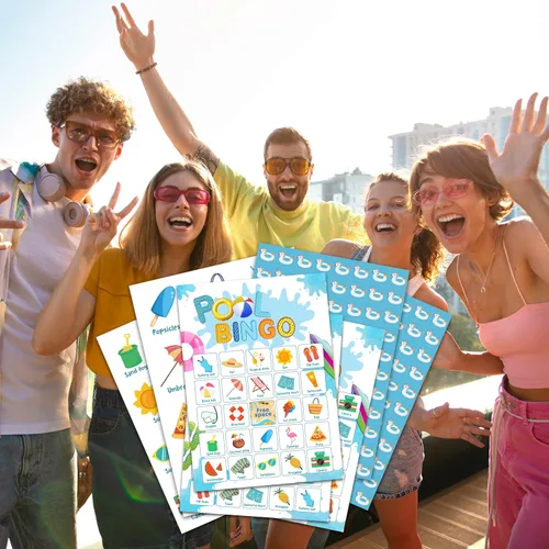 Miniatura 4 de Juego de cartas de bingo para fiesta en la piscina, juego de bingo de verano para adultos, suministros de fiesta en la piscina, recuerdos