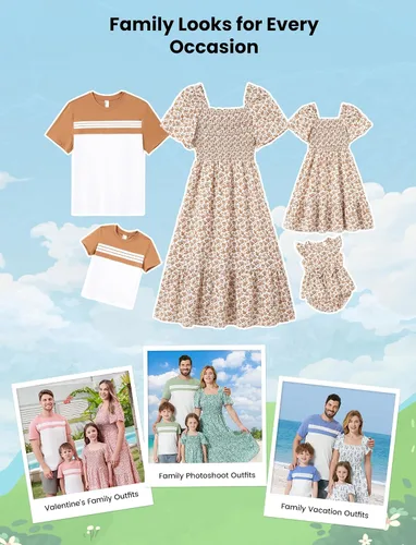 Miniatura 2 de PATPAT - Conjunto a juego para toda la familia, con estampado floral bohemio, cuello cuadrado, mangas abullonadas, vestido blusón y camisetas